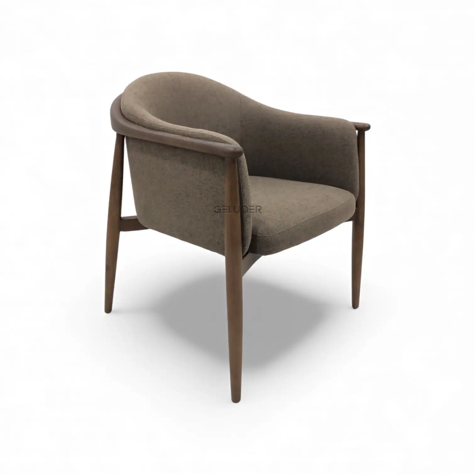Comfortable modern brown upholstered armchair with wooden legs, stylish furniture for living rooms.
