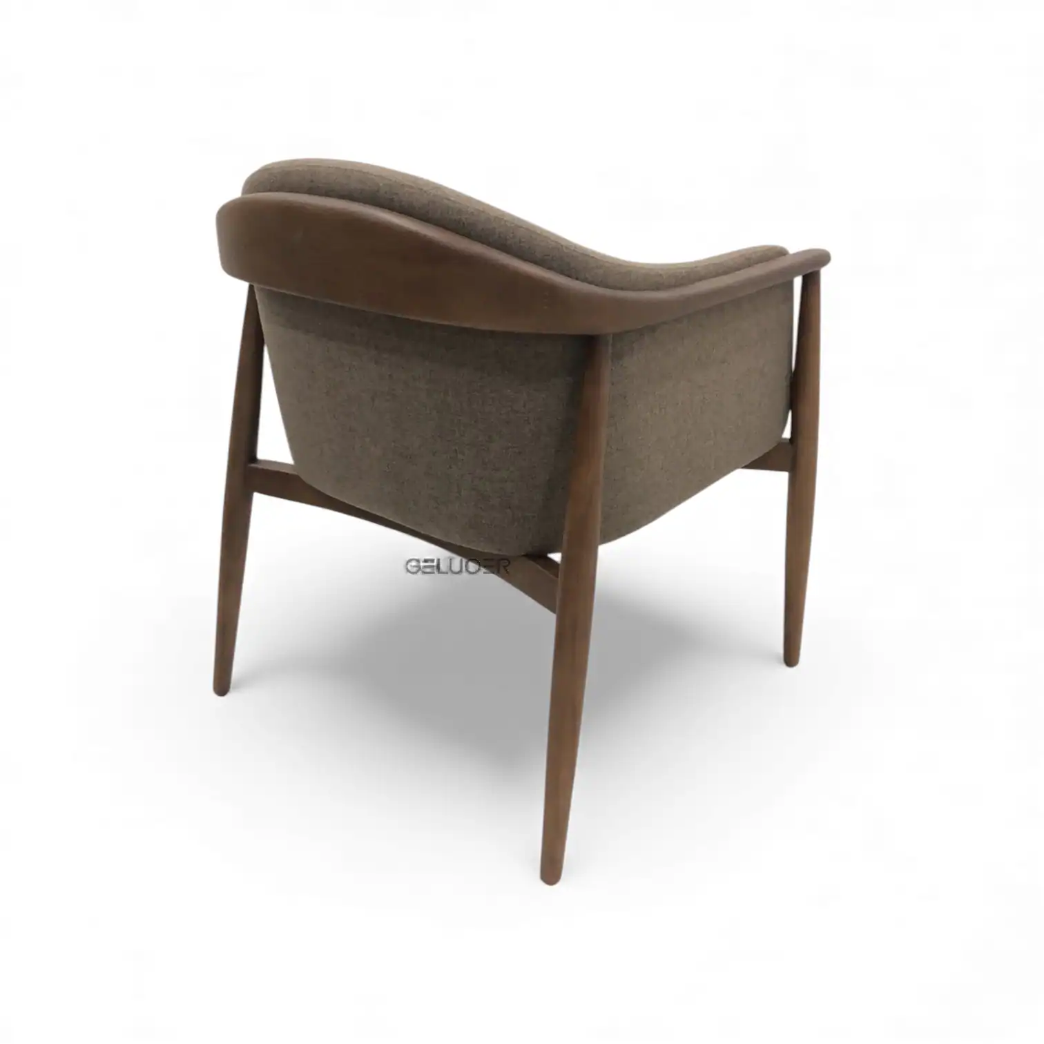 Stylish mid-century modern armchair with wooden frame and plush upholstery.