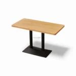 Wooden dining table with black metal base, modern furniture design.