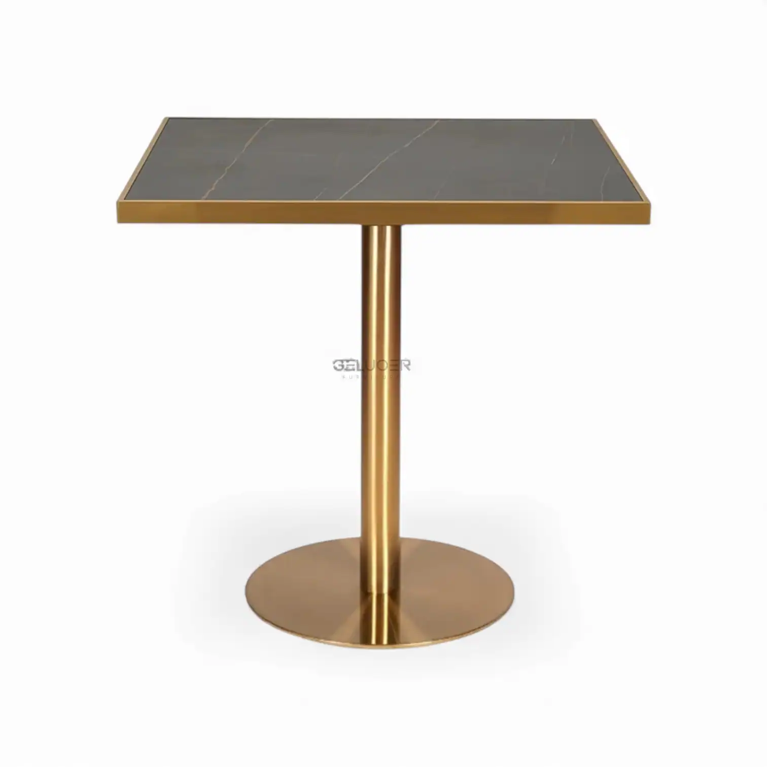 Contemporary gold-finished metal side table with black marble top for modern living spaces.