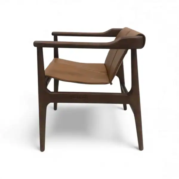 Elegant wooden lounge chair with leather seat, contemporary design, perfect for modern interiors.