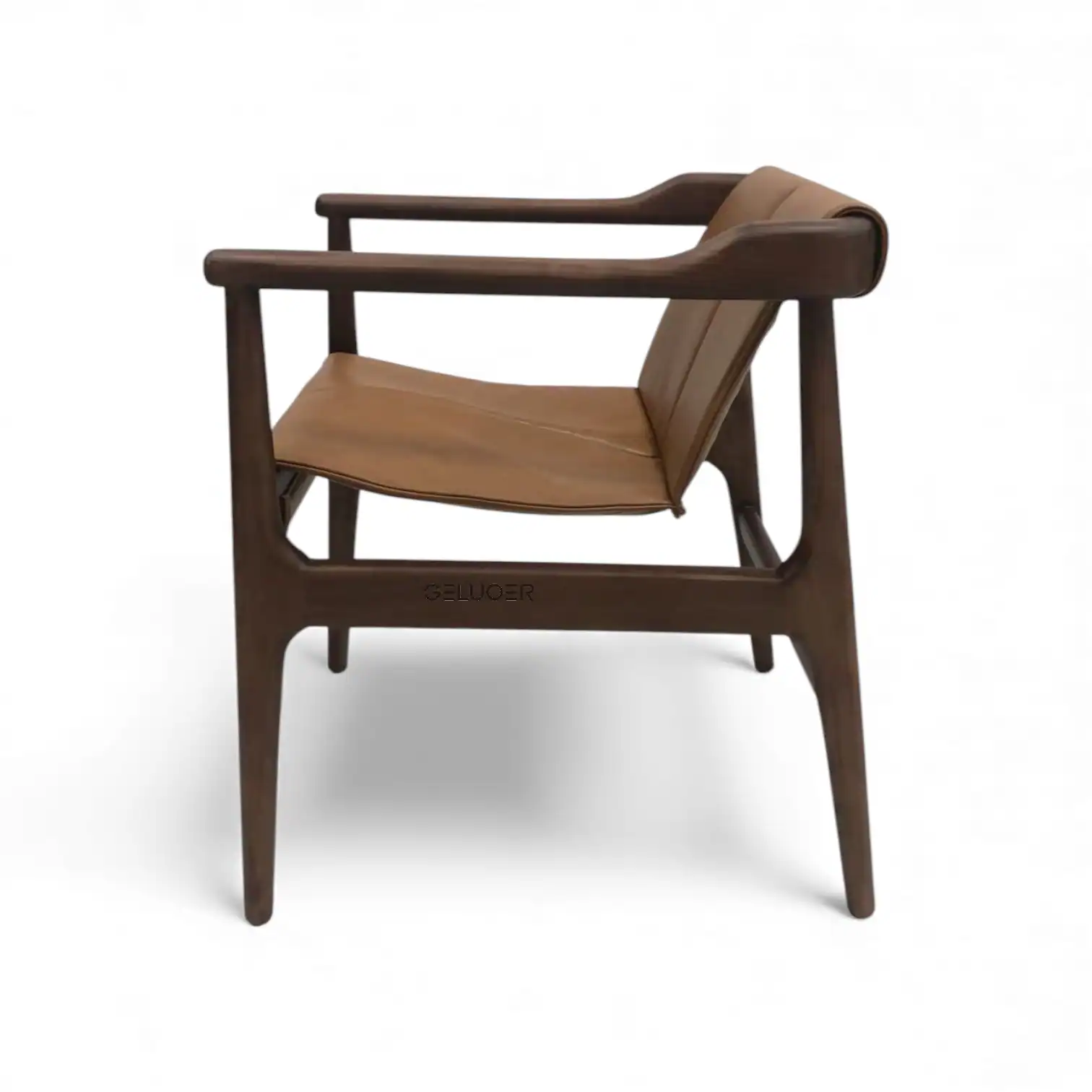 Elegant wooden lounge chair with leather seat, contemporary design, perfect for modern interiors.
