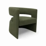 Modern green upholstered armchair with unique curved design for stylish living rooms.