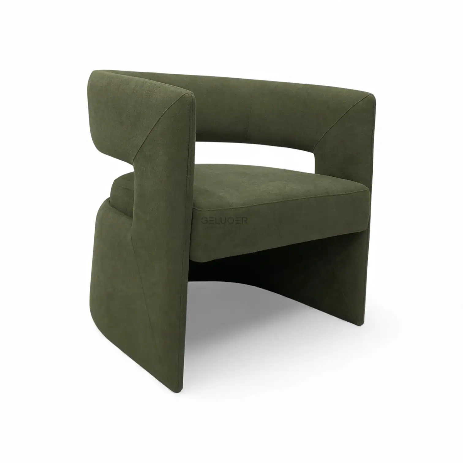 Modern green upholstered armchair with unique curved design for stylish living rooms.