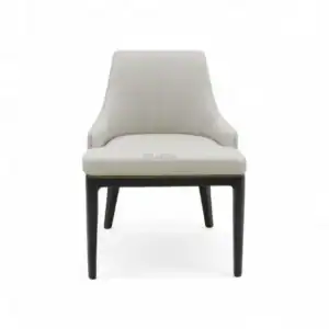 Modern white upholstered accent chair with dark wooden legs, stylish and comfortable furniture piece.