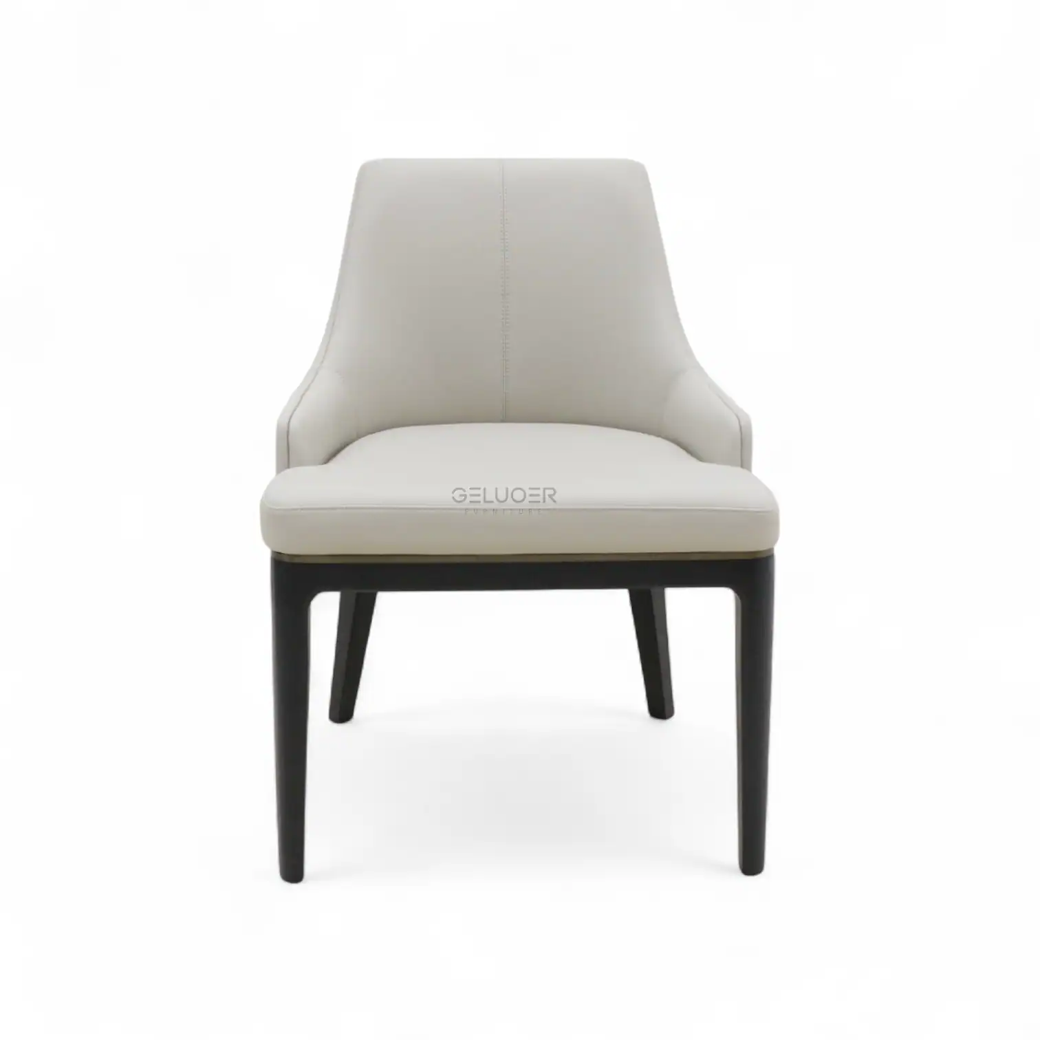Modern white upholstered accent chair with dark wooden legs, stylish and comfortable furniture piece.