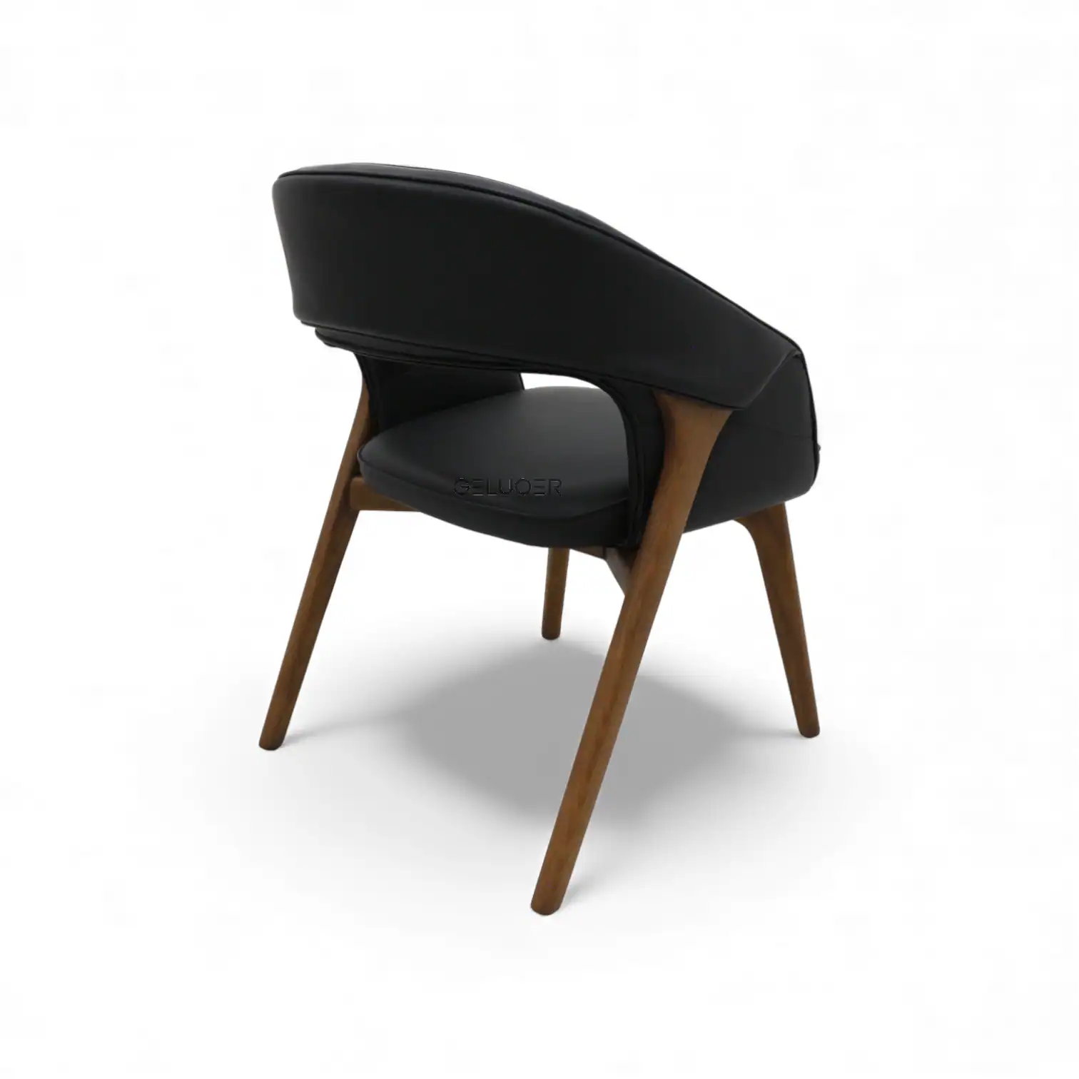 Black leather and wood accent modern lounge chair for stylish home decor.