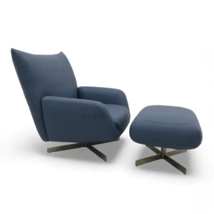 Elegant blue leather lounge chair with matching ottoman, modern design, and stainless steel base.