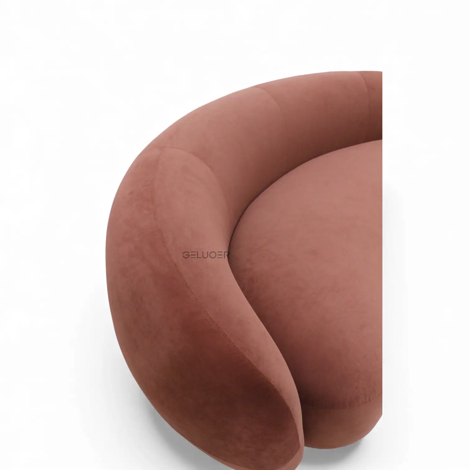 Soft pink modern sofa with rounded armrest, stylish design for living rooms.