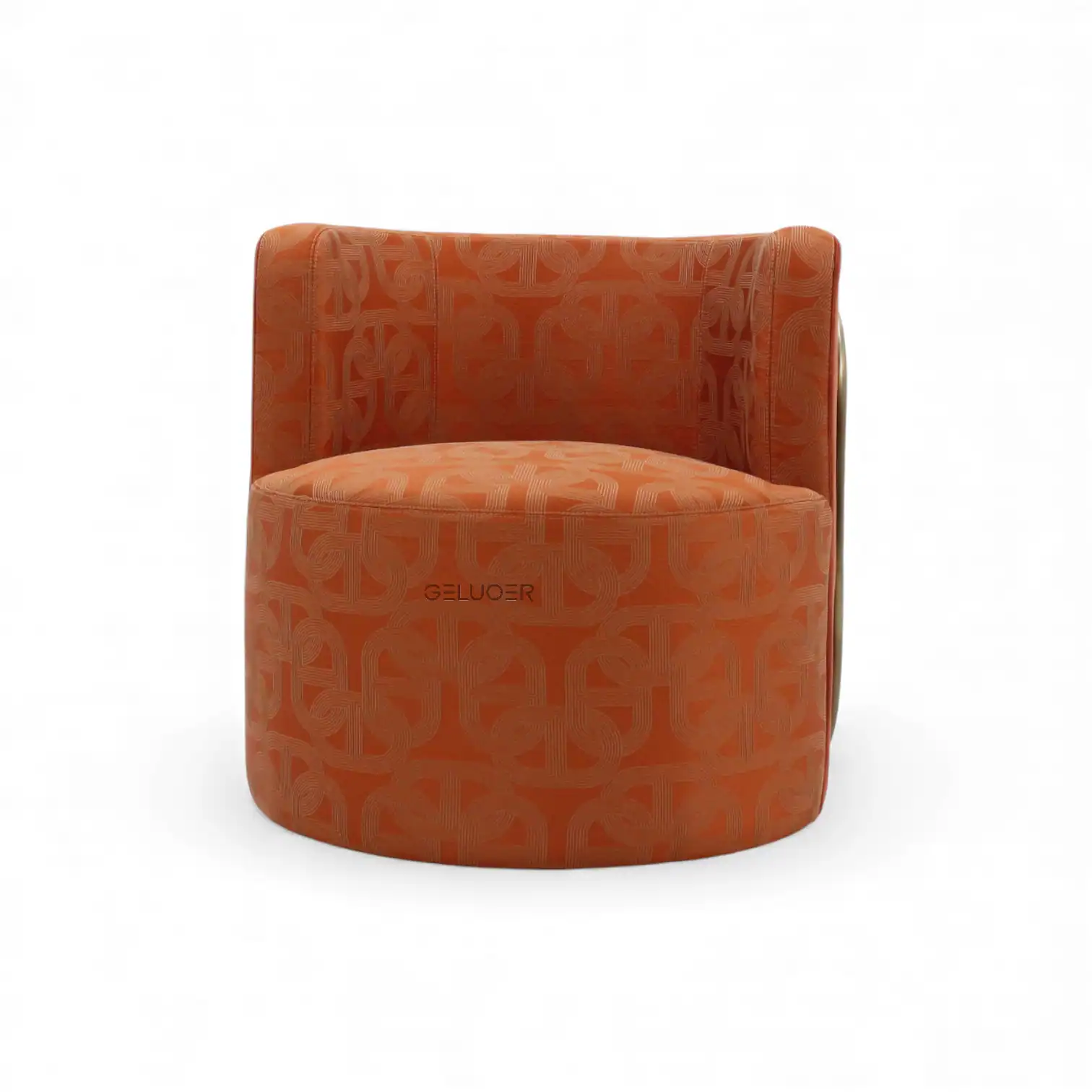 Luxurious orange velvet armchair with intricate fabric pattern, perfect for stylish home decor.