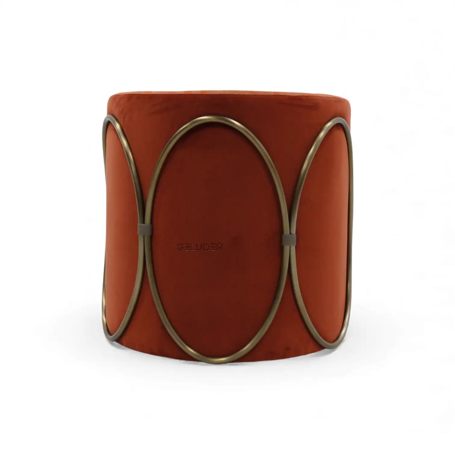 Elegant modern orange velvet ottoman with metallic decorative design, perfect for stylish home decor.