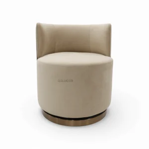 Elegant beige leather chair with a rounded base, modern design, perfect for stylish living spaces.