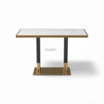 Polished marble top side table with black and gold metal frame, modern luxury furniture piece.