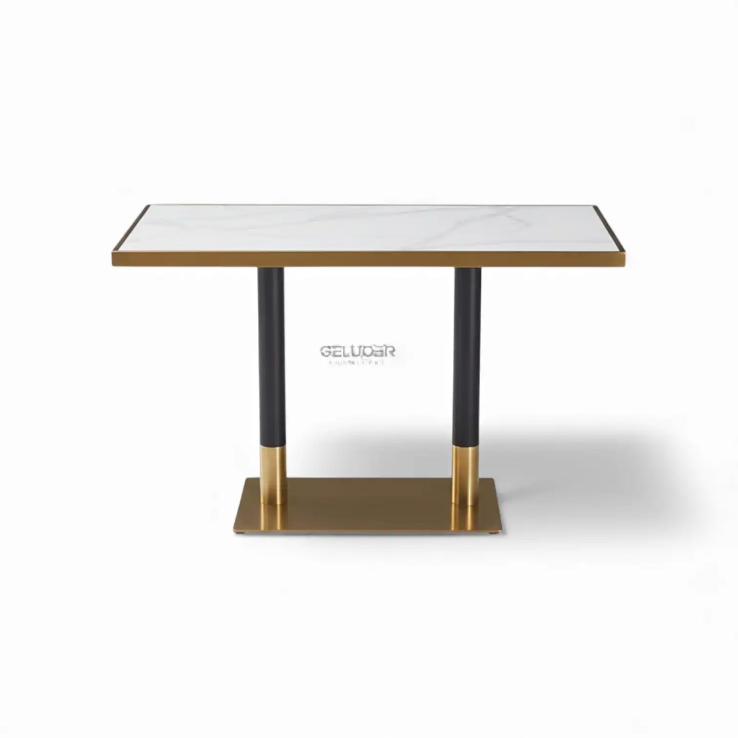 Polished marble top side table with black and gold metal frame, modern luxury furniture piece.