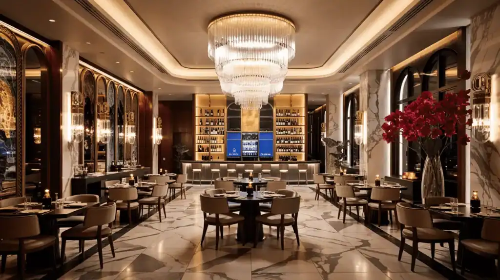 Luxury hotel lobby with elegant furniture and chandeliers.