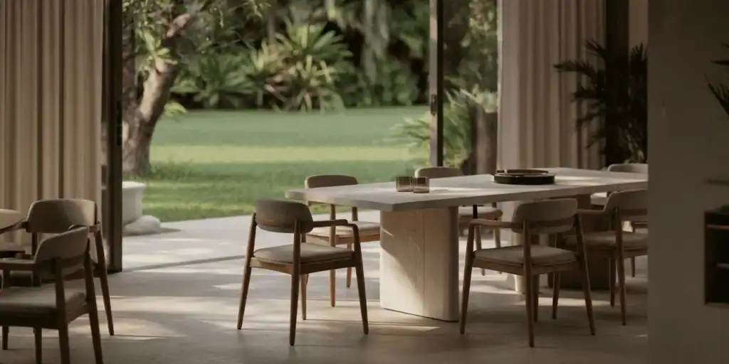 Modern marble dining table with wooden chairs overlooking a green garden.