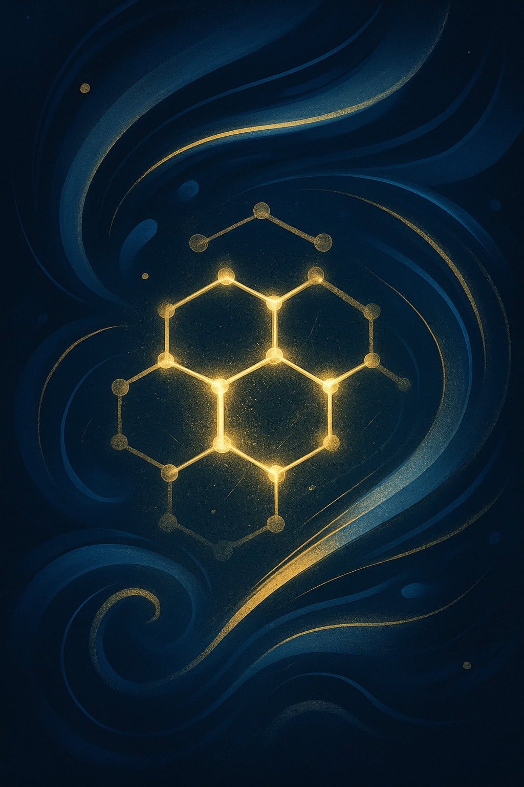 Illustration of a glowing hexagonal carbon lattice with swirling golden and blue lines, capturing the futuristic essence of graphene.