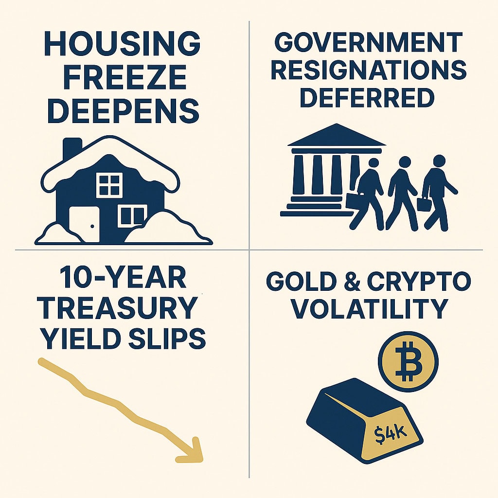 Gold Volatility and housing freeze with treasury yield dropping