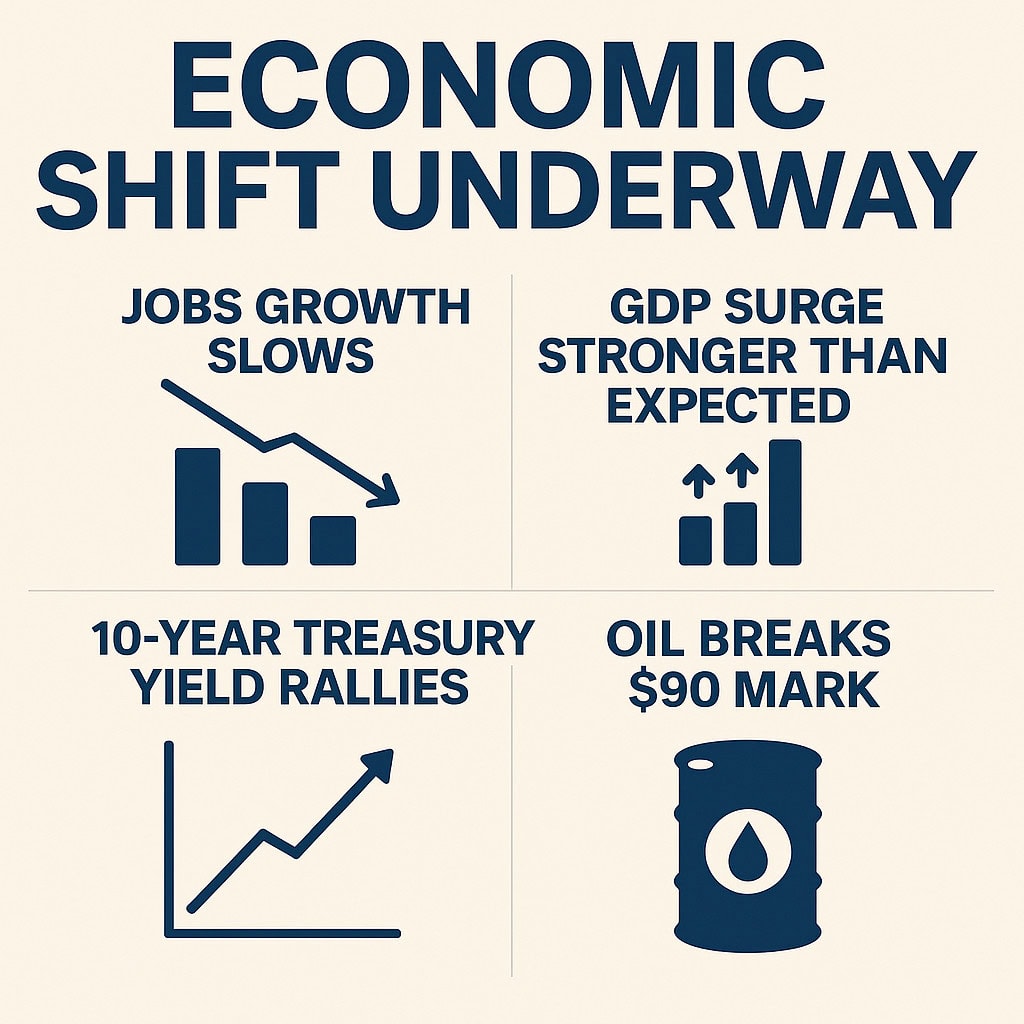 Top-left shows a downward-sloping bar chart labeled “Jobs Growth Slows.” Top-right shows upward arrows labeled “GDP Surge Stronger Than Expected.” Bottom-left shows a rising line chart labeled “10-Year Treasury Yield Rallies.” Bottom-right shows a navy oil barrel labeled “Oil Breaks $90 Mark.”