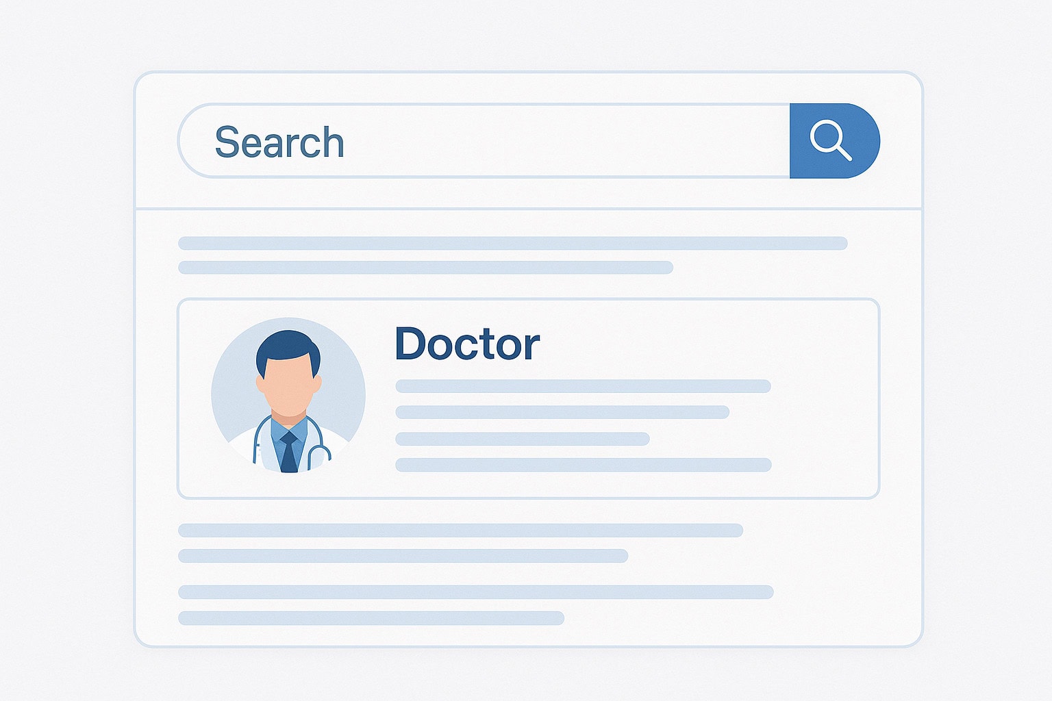 A stylized search results page showing doctor profiles, highlighting what patients see when they search for a physician’s name.