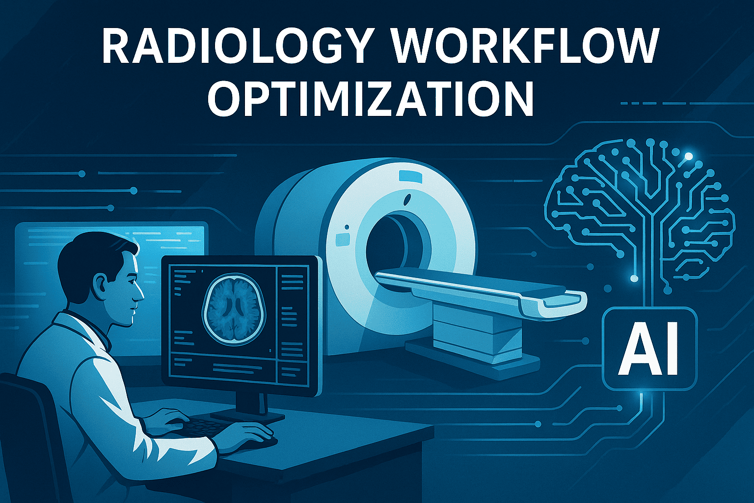 Radiology workflow diagram showing the chain from order selection and protocoling to image acquisition, PACS interpretation, reporting, and clinical follow-up.