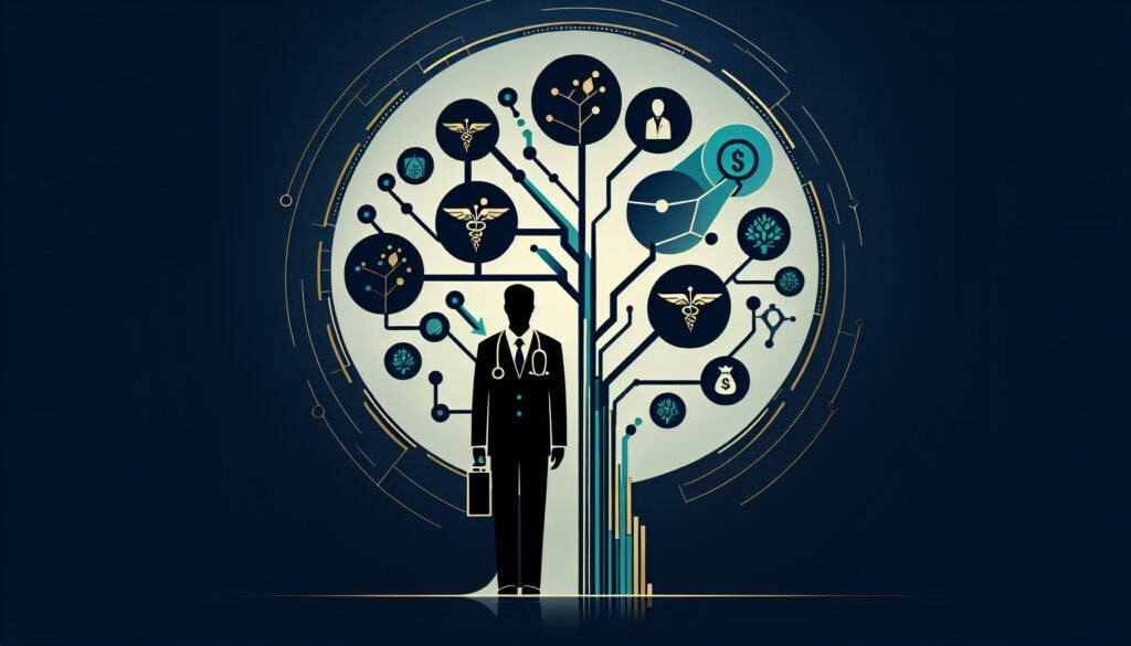 AI-driven healthcare and medical innovation concept with a doctor and interconnected medical icons.