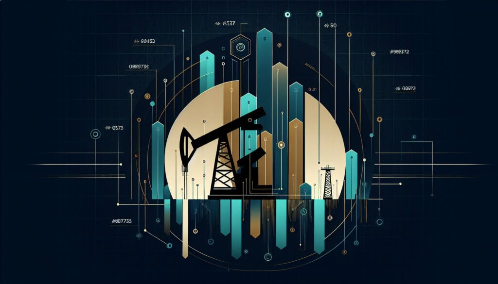 Oil drilling rig and digital data visualization representing energy industry and technological innov.