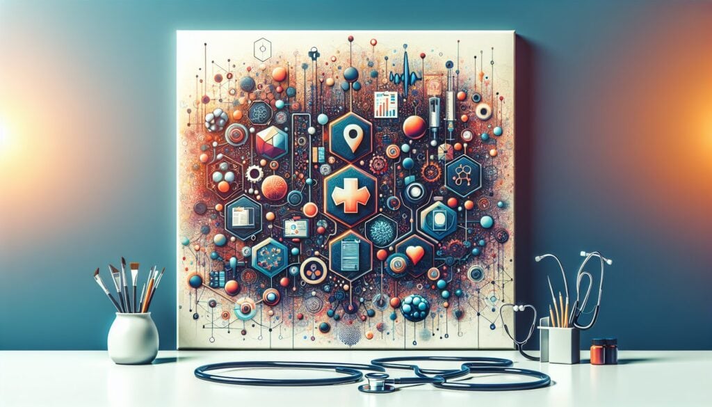 AI-powered healthcare technology with interconnected medical icons and digital health symbols.
