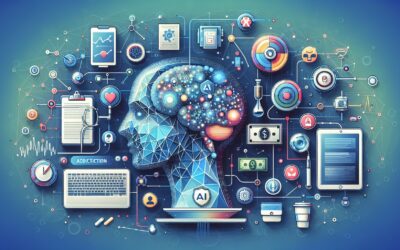 AI technology and digital health concepts illustrated with a human brain and connected devices.