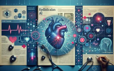 Heart illustration with medical and technological elements, emphasizing AI in cardiology.