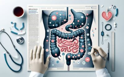 Colorectal and digestive system medical illustration with stethoscope and medical tools.