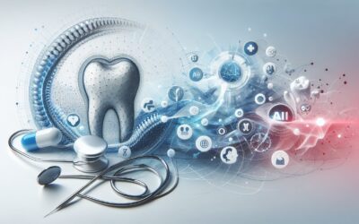 Tooth with digital health icons and stethoscope representing dental technology and healthcare innova.