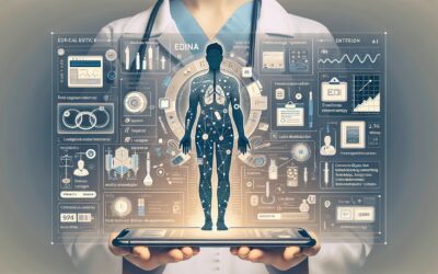 AI-powered healthcare technology interface displaying human body data and medical analytics on a dig.