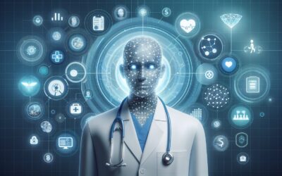 AI healthcare technology concept with a futuristic doctor and digital health icons.