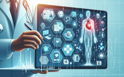 Advanced digital health technology analyzing human heart and body health data on a futuristic tablet.