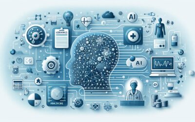 AI and healthcare technology concept with interconnected icons and a human head silhouette.