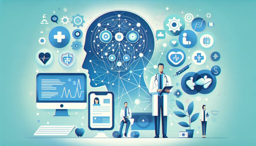 Advanced AI-driven healthcare technology with doctors and digital health icons.