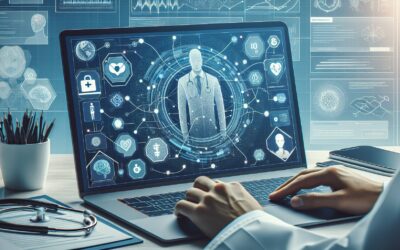 AI healthcare technology interface on a laptop screen, showcasing digital health icons and data visu.