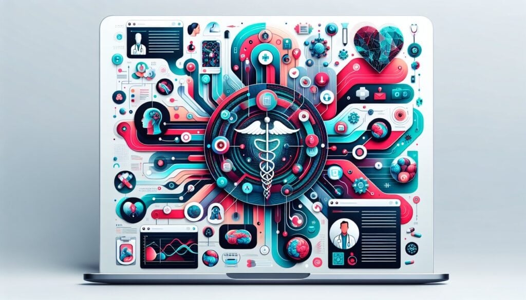 AI healthcare technology concept with digital medical icons and a caduceus symbol on a laptop screen.