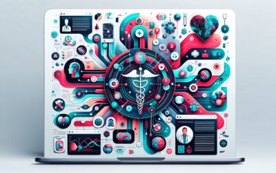 AI healthcare technology concept with digital medical icons and a caduceus symbol on a laptop screen.