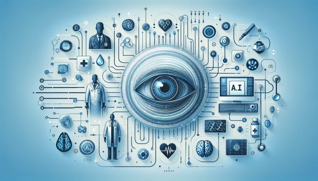 AI-powered eye with medical and technological icons representing healthcare innovation and digital d.