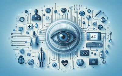 AI-powered eye with medical and technological icons representing healthcare innovation and digital d.