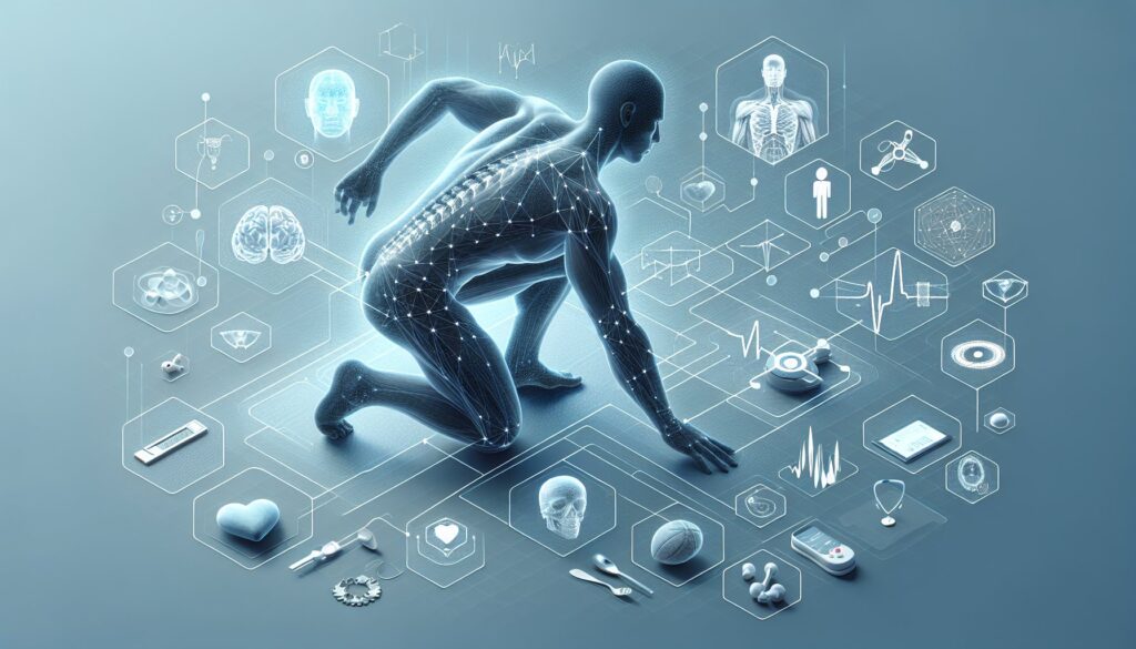 AI-powered healthcare technology and futuristic medical data analysis illustration.