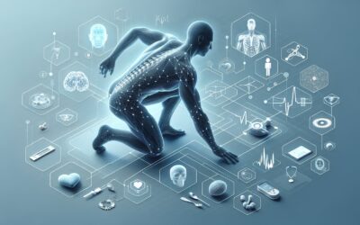 AI-powered healthcare technology and futuristic medical data analysis illustration.