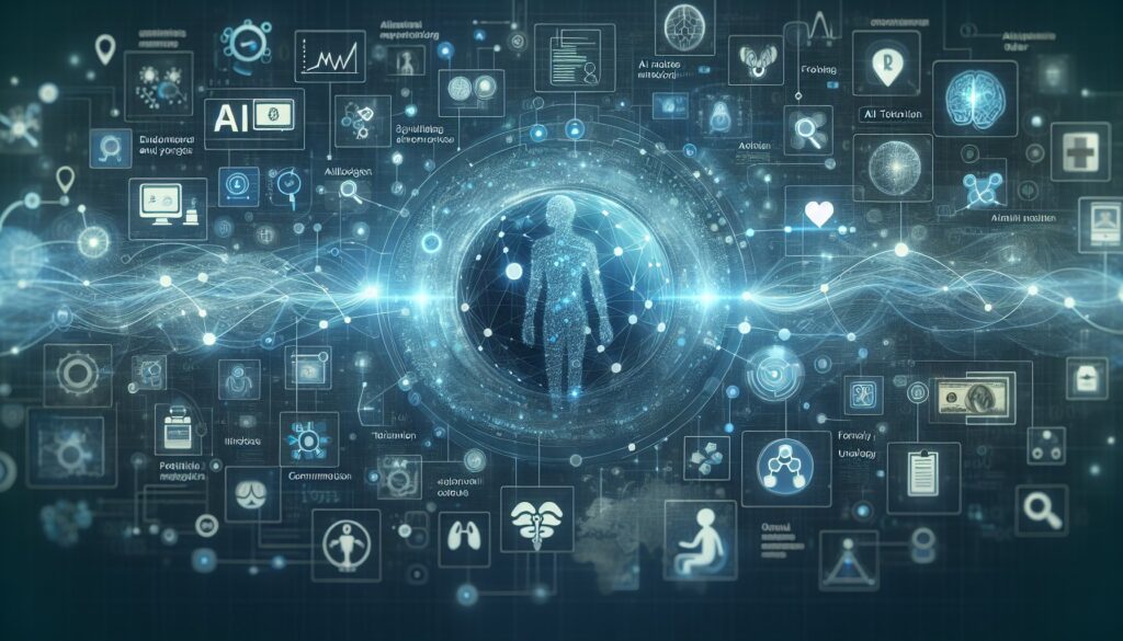 AI and digital health technology interface with interconnected icons representing healthcare, data a.