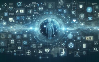 AI and digital health technology interface with interconnected icons representing healthcare, data a.