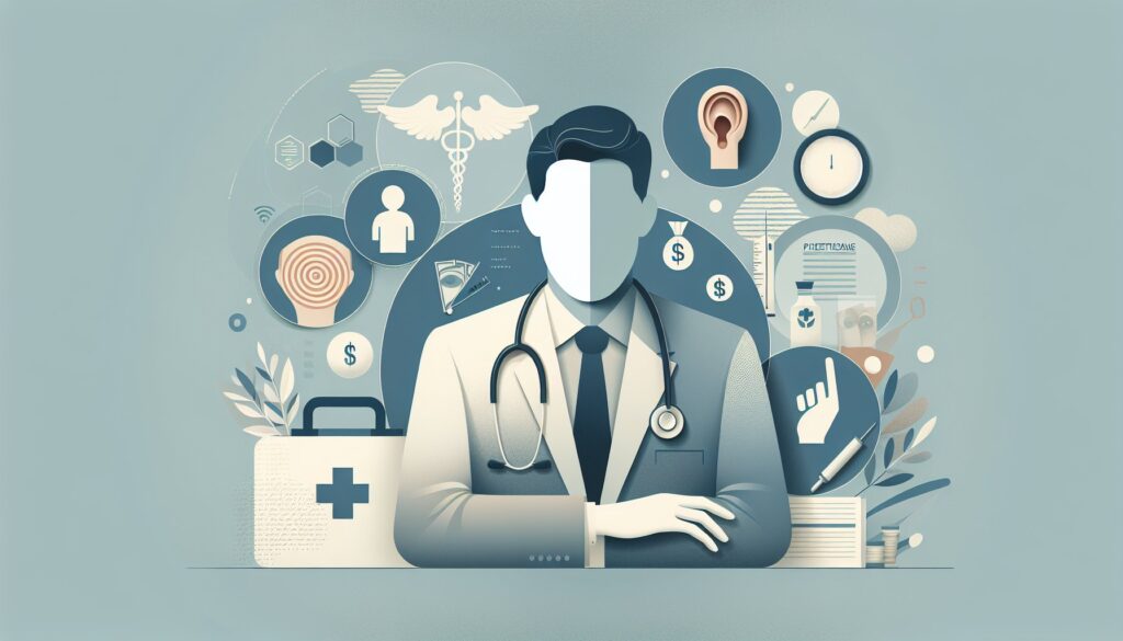 A healthcare professional with medical icons representing health, technology, and patient care.