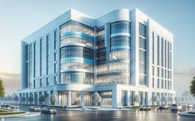 Modern commercial office building with glass facade and curved design, located in an urban setting.