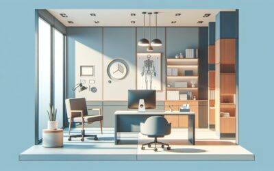 Modern medical office interior with desk, chair, and anatomical skeleton model for healthcare consul.