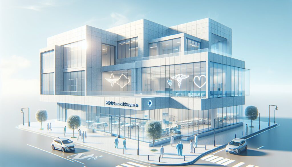 Modern medical building with glass exterior and healthcare icons for hospital or clinic services.